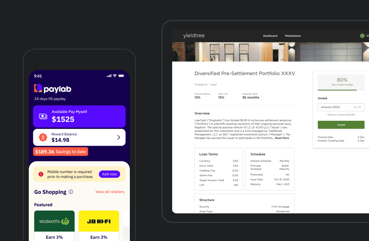 Financial services software screens, including an employee pay and rewards app and an investment marketplace dashboard