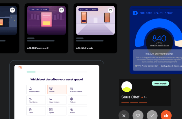 Marketplace platform screens, including a listings search view and a provider booking flow