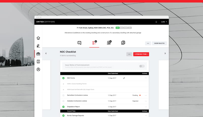 United Certifiers compliance software showing a Notice of Commencement checklist