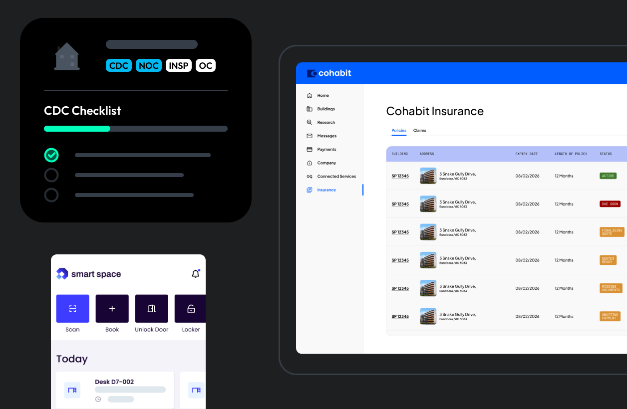 Property management software screens, including a building compliance checklist and a smart building access app