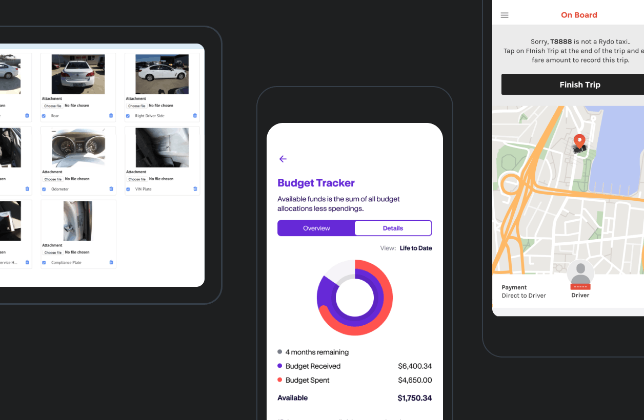 Transport and logistics software screens, including a fleet dashboard and a driver delivery app