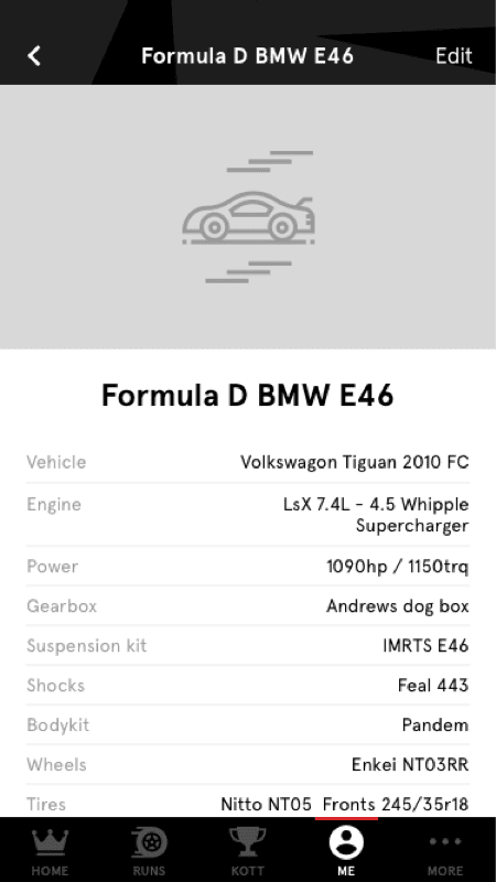 King of the Times race car details screen